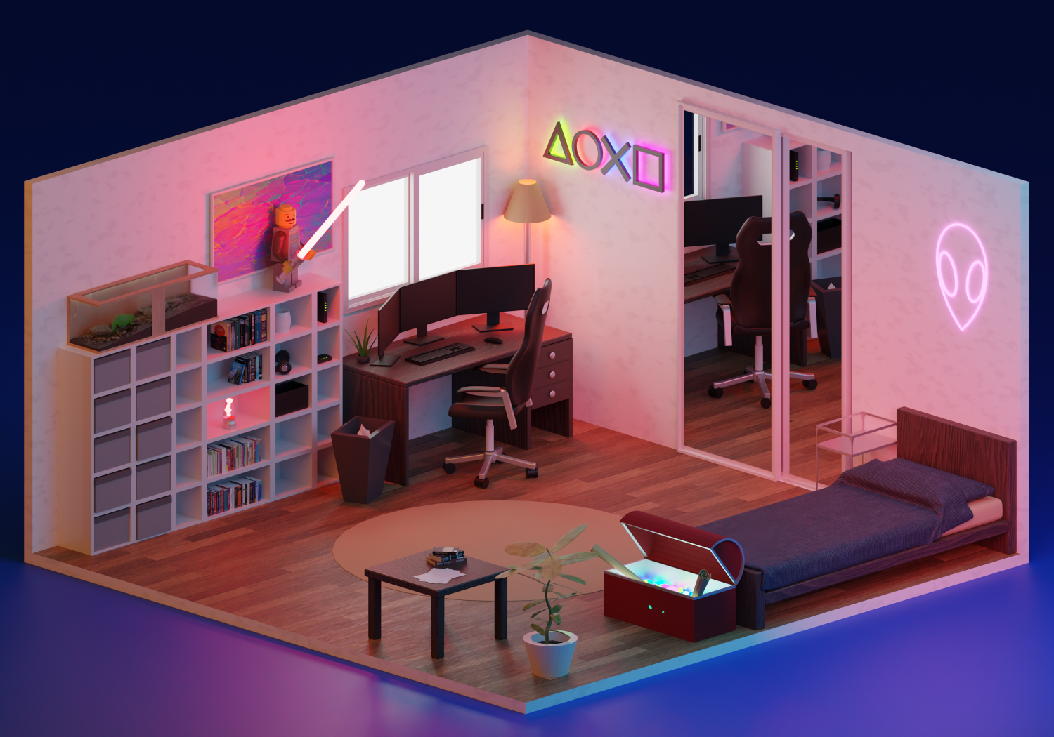 Rendu 3D d'une chambre avec étagères, lit et bureau